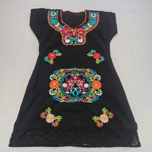 Mexican Embroidered Floral Mini Dress Black Lace Hem Boho Peasant Short Sleeve